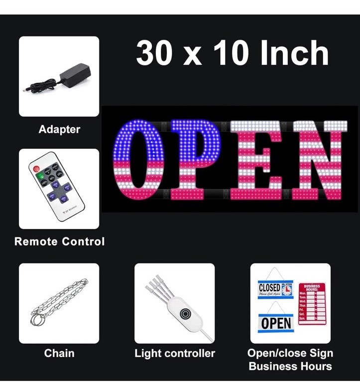 40” X 14” LED Open Signs for Buisness, Remote Control USA Flag Setting
