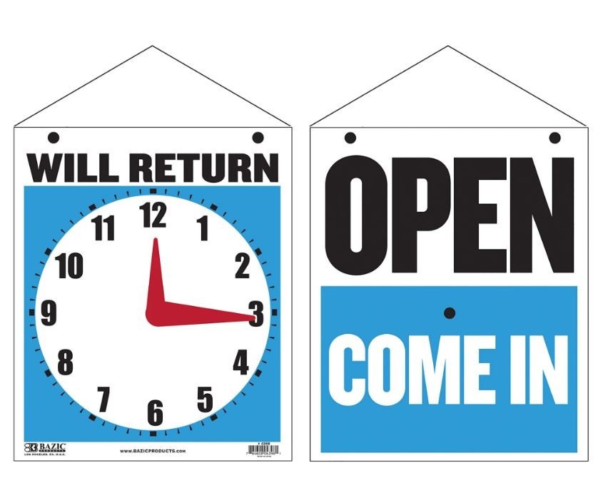 2 Pack BAZIC Open Come In – Will Return Clock Sign, Double Sided Plastic 7.5″X9″