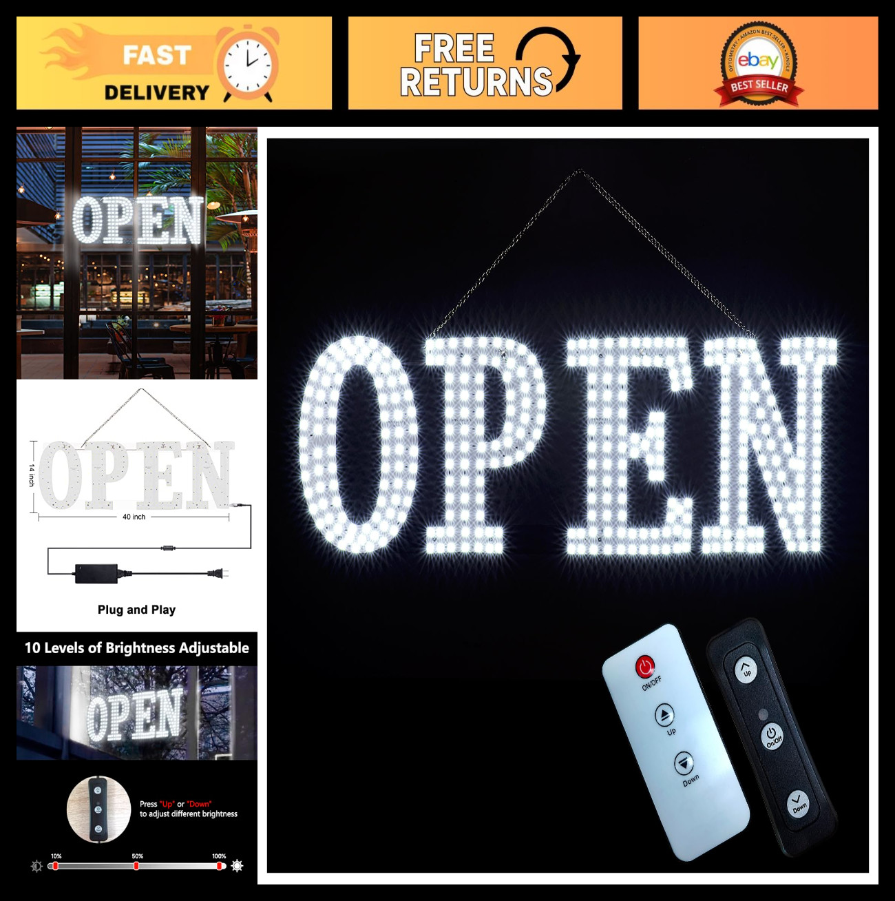Extra Large 40″x14″ LED Open Sign with Remote, 10 Brightness Levels, High Visibi