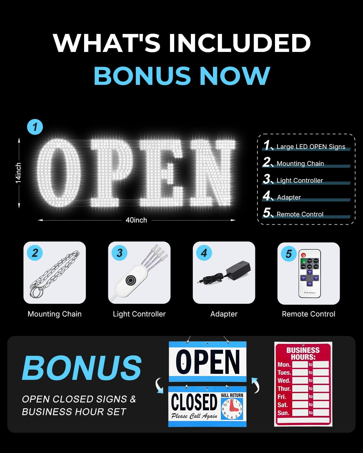 Jumbo 40″x14″ LED Open Sign with Timer & Remote for Storefronts & Cafes