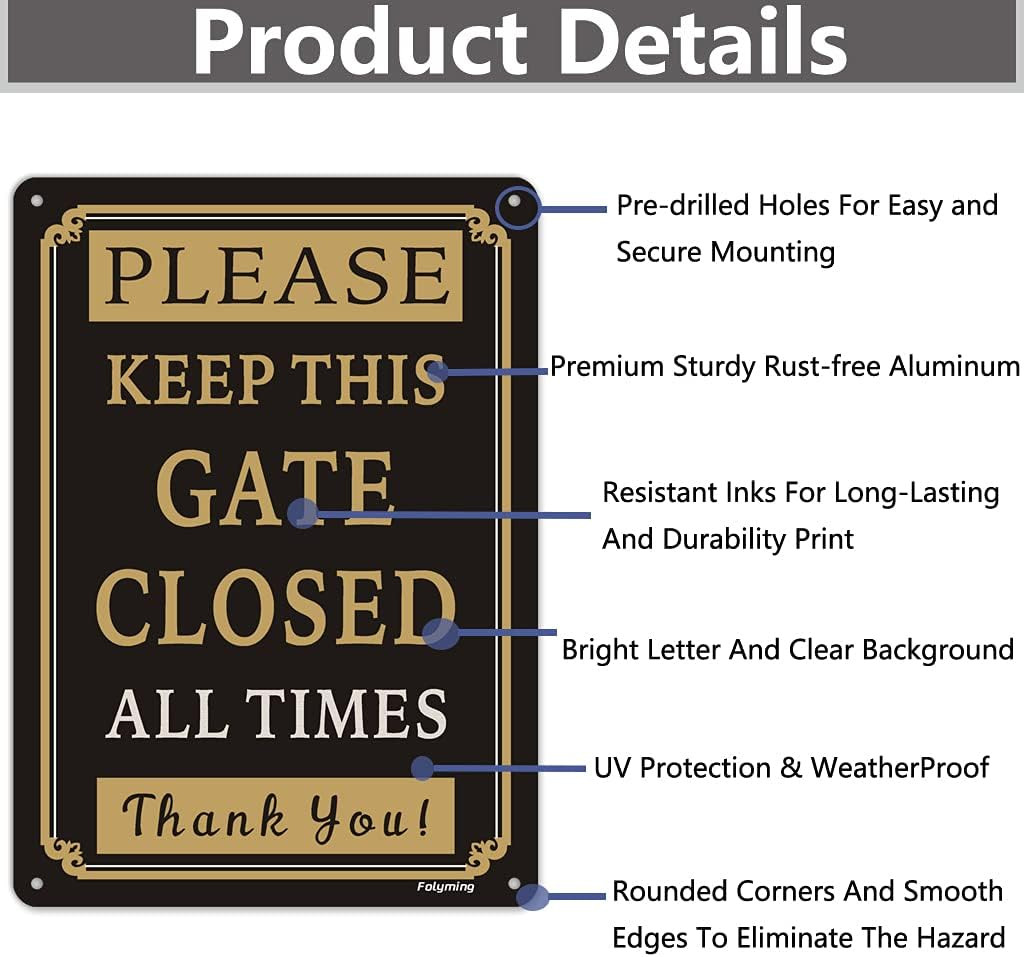 2 Pack Please Keep Gate Closed at All Times Signs 10 X 7 Inches Metal Reflective