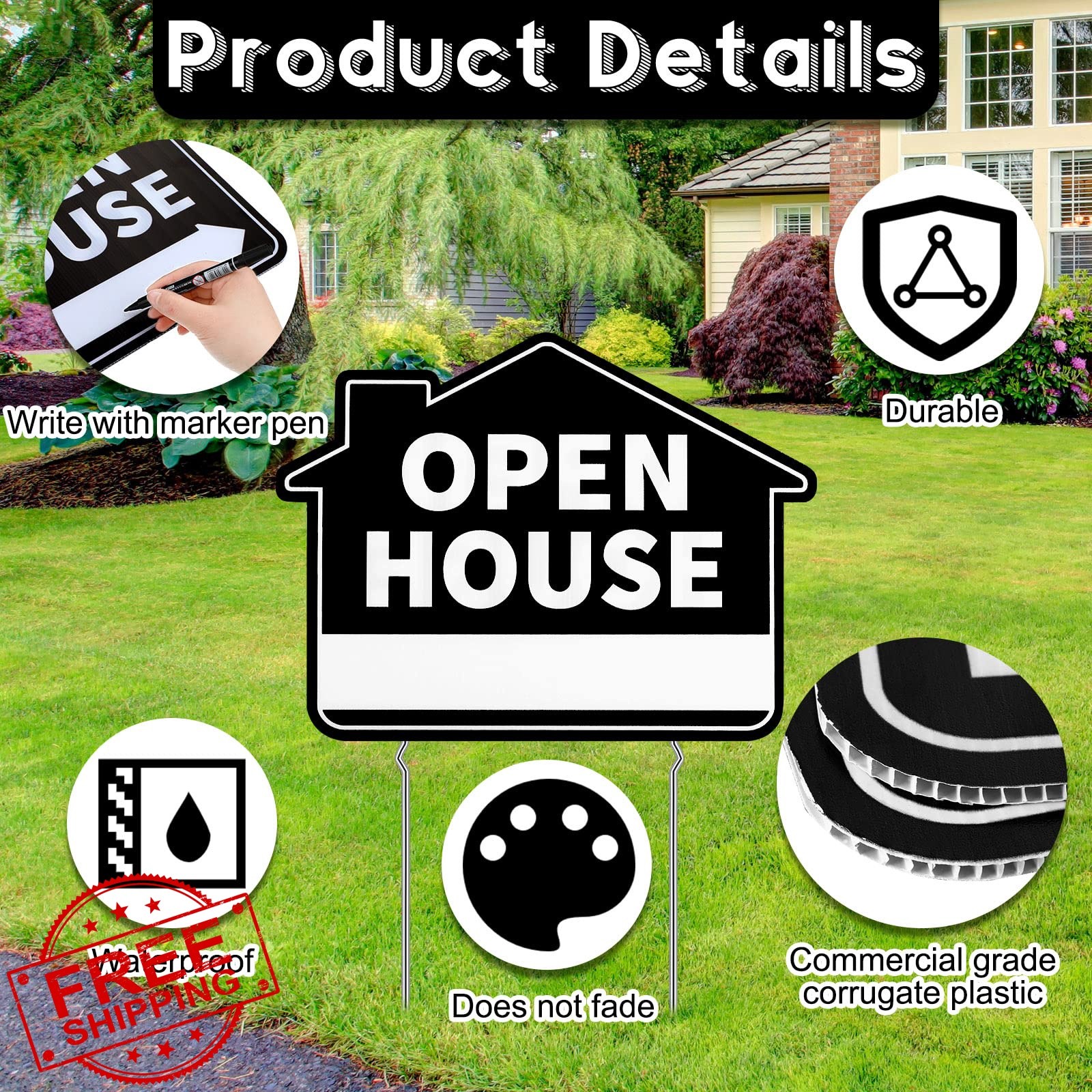 Queekay 5 Pack Black Open House Yard Signs with Metal Stakes for Real Estate …