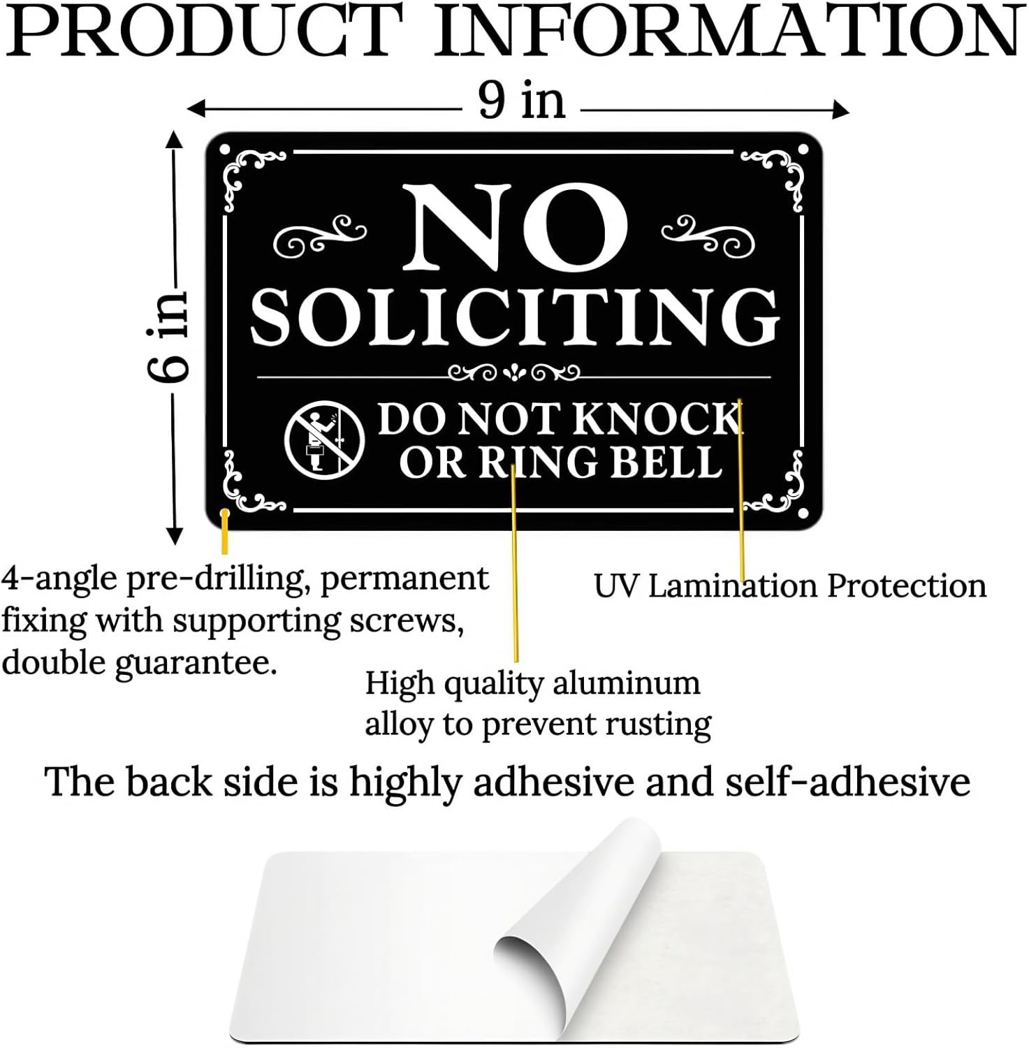 No Soliciting Sign for Front Door 9×6 Inches, 2 Pack Self-Adhesive Aluminum
