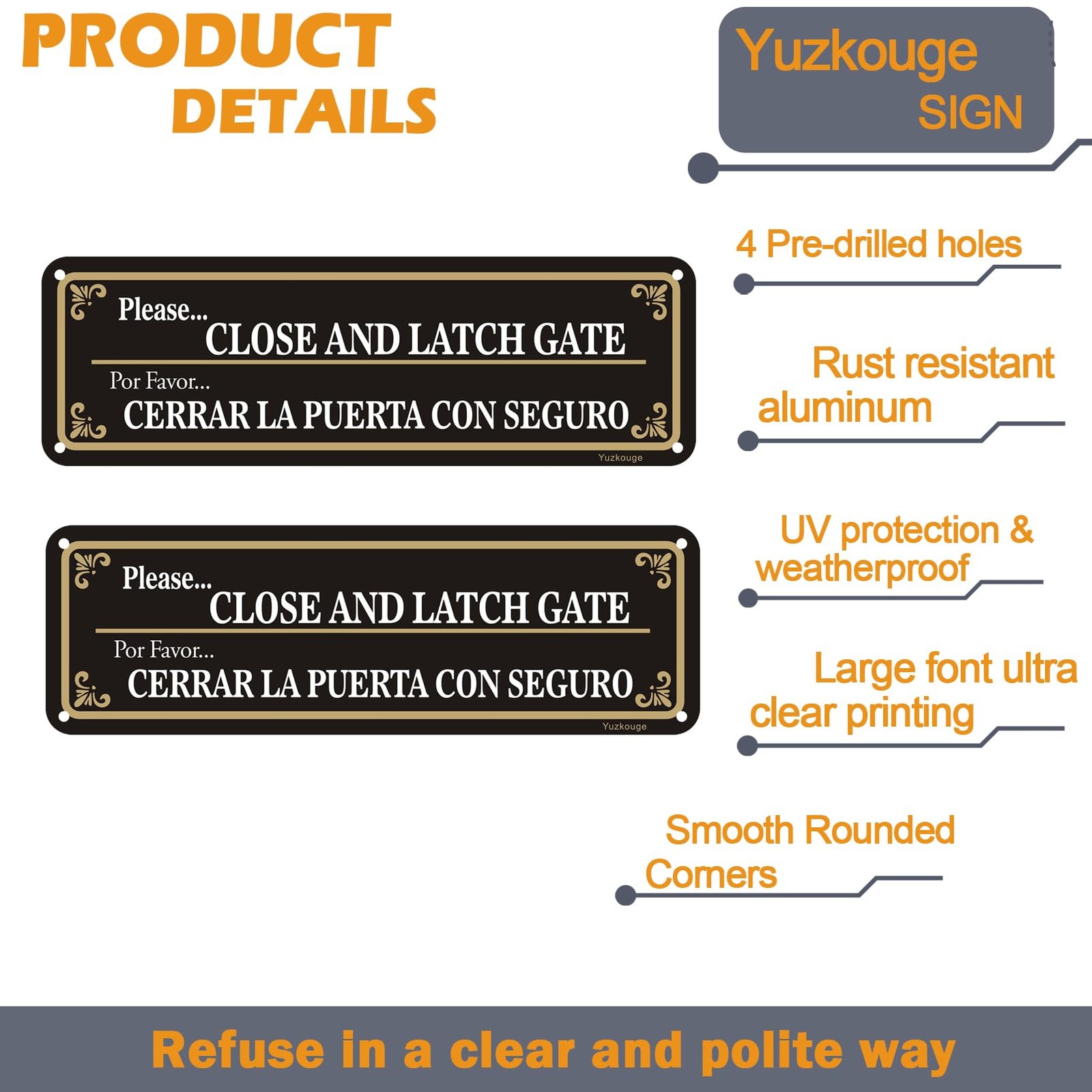2 Pack 10×3 In Bilingual English Spanish Close Latch Gate Aluminum Metal Sign