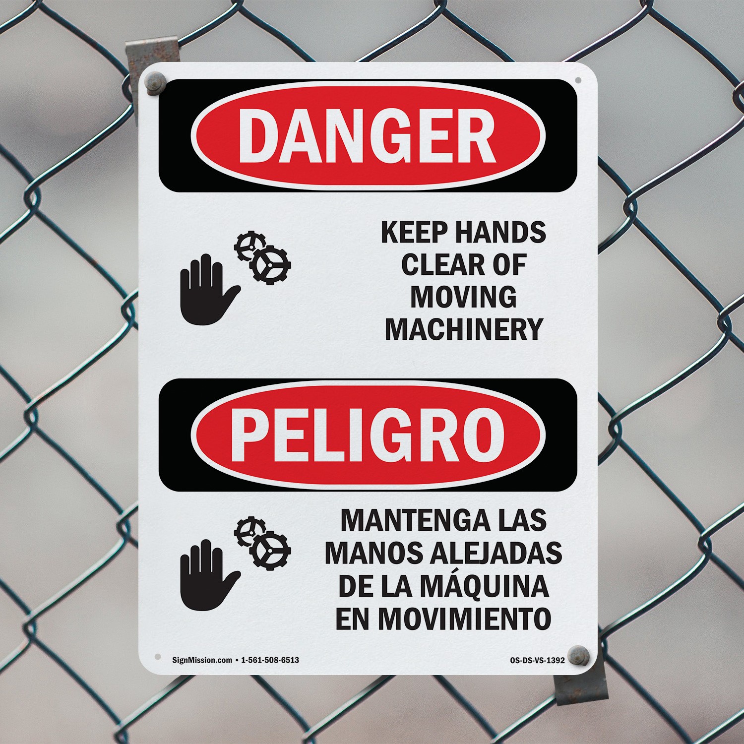 Keep Hands Clear Moving Machinery Bilingual OSHA Danger Sign, Decal 5 or 10 Pack