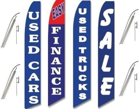 4 Swooper Flags & Pole Kits Used Car Truck Auto Dealer Finance Sale Blue White
