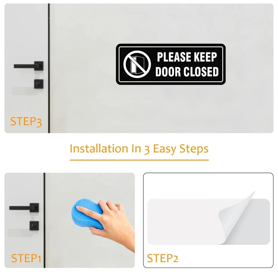 4 Pack- Please Keep Door Closed Signs Self-Adhesive, 8x3inch, Black（Acrylic）