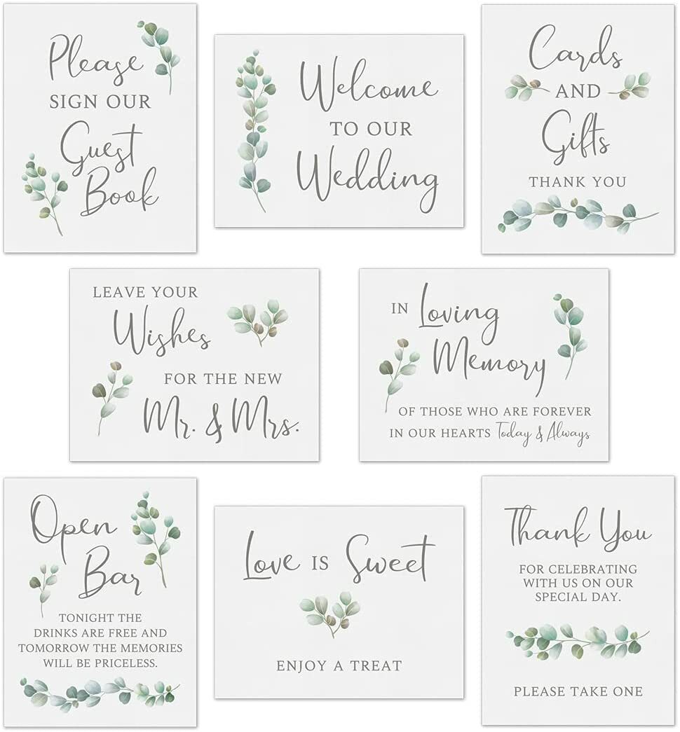 Eucalyptus Designed Wedding Signs (Double Sided) (4 or 8 Pack)