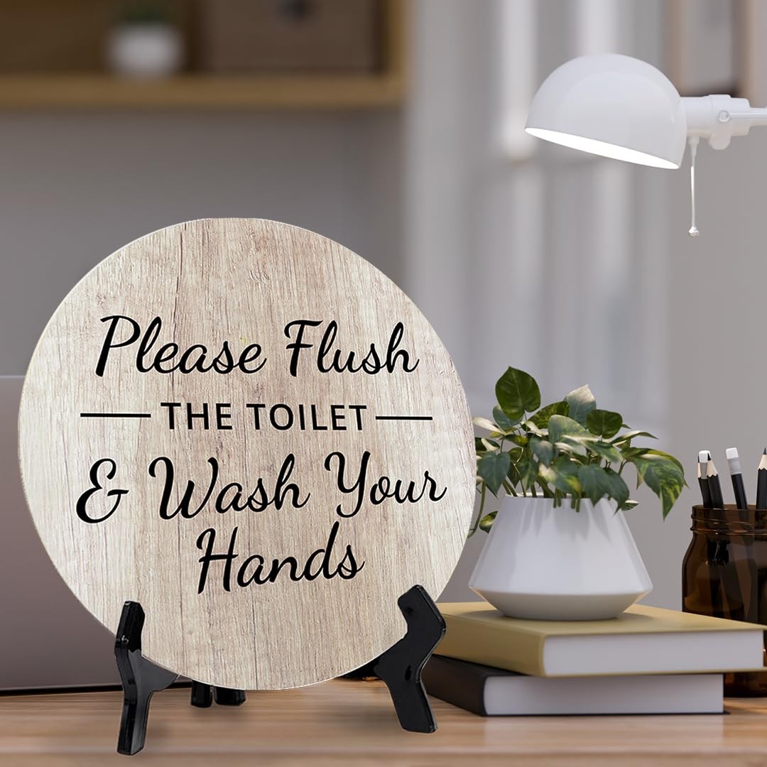 5×5 Inch Round Blue Wood Flush Toilet Wash Hands Bathroom Sign Acrylic Easel