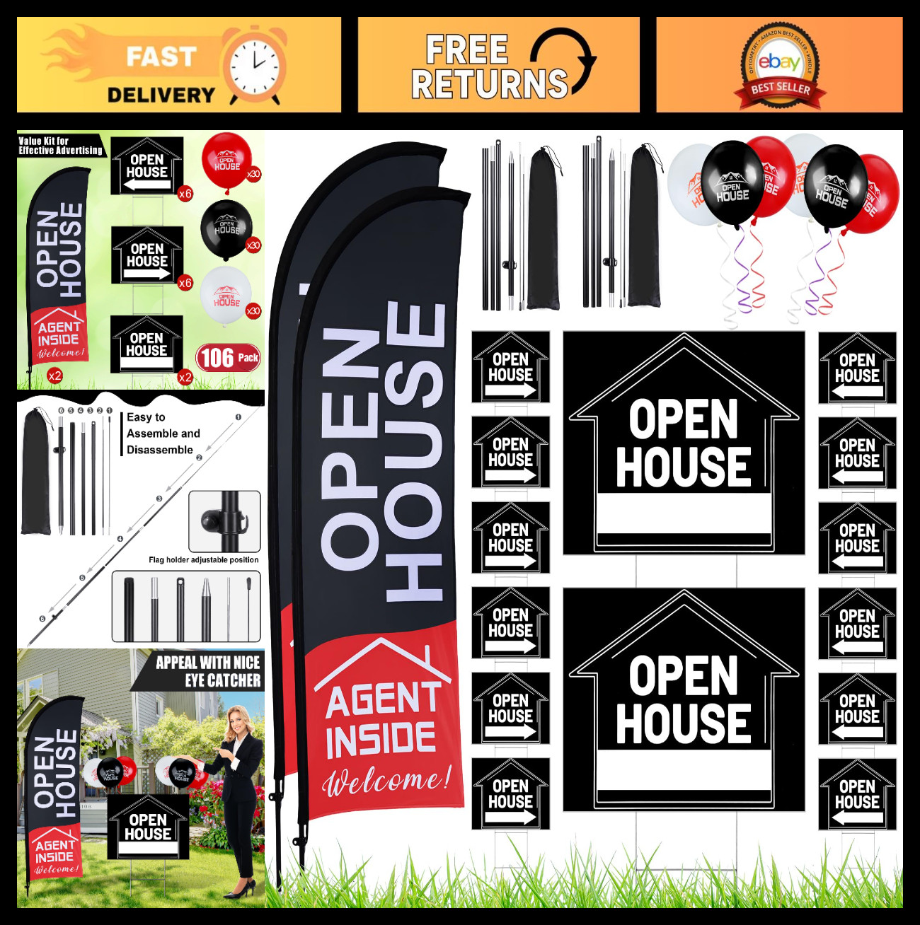 106 Pcs Real Estate Kit – Open House Flags, Directional Signs, Balloons & Stakes