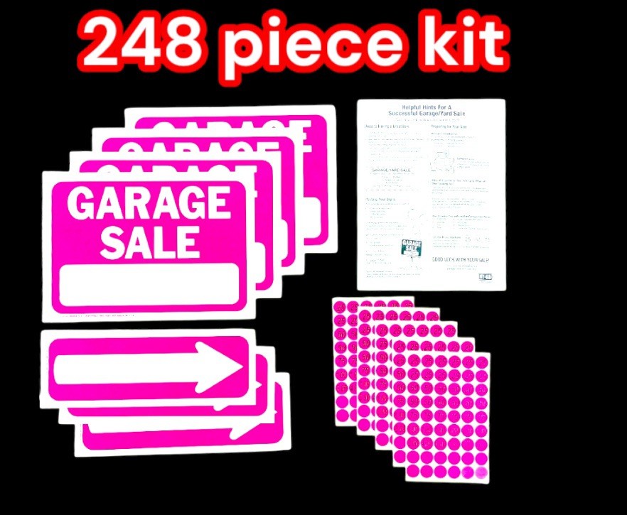 Garage Sale Kit: 4 Signs 8.5”x 12”,3 arrows, 240 Price Labels,Sales Record sheet