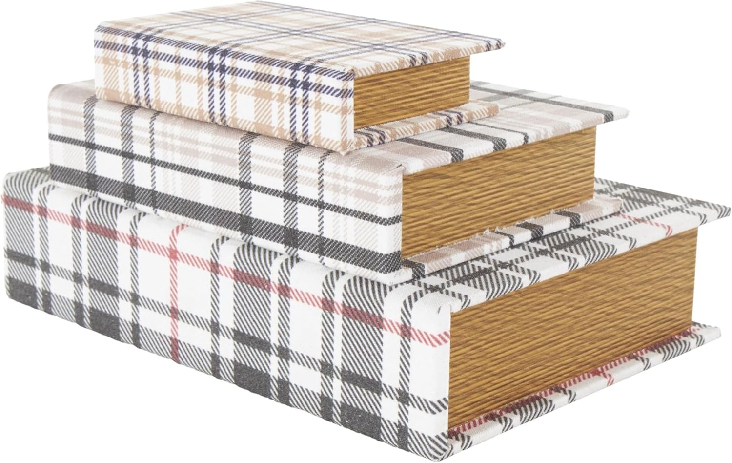 Wooden Geometric Decorative Box Faux Storage Book Book Shaped Boxes W/ Plaid