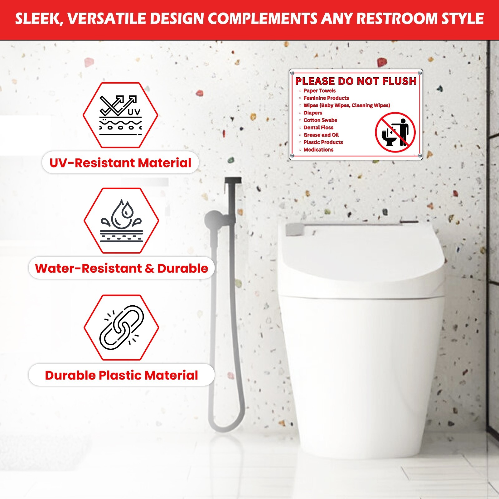 Please Do Not Flush Sign for Bathroom, 10 x 7 Inch Plastic, Adhesive, 1 Sign