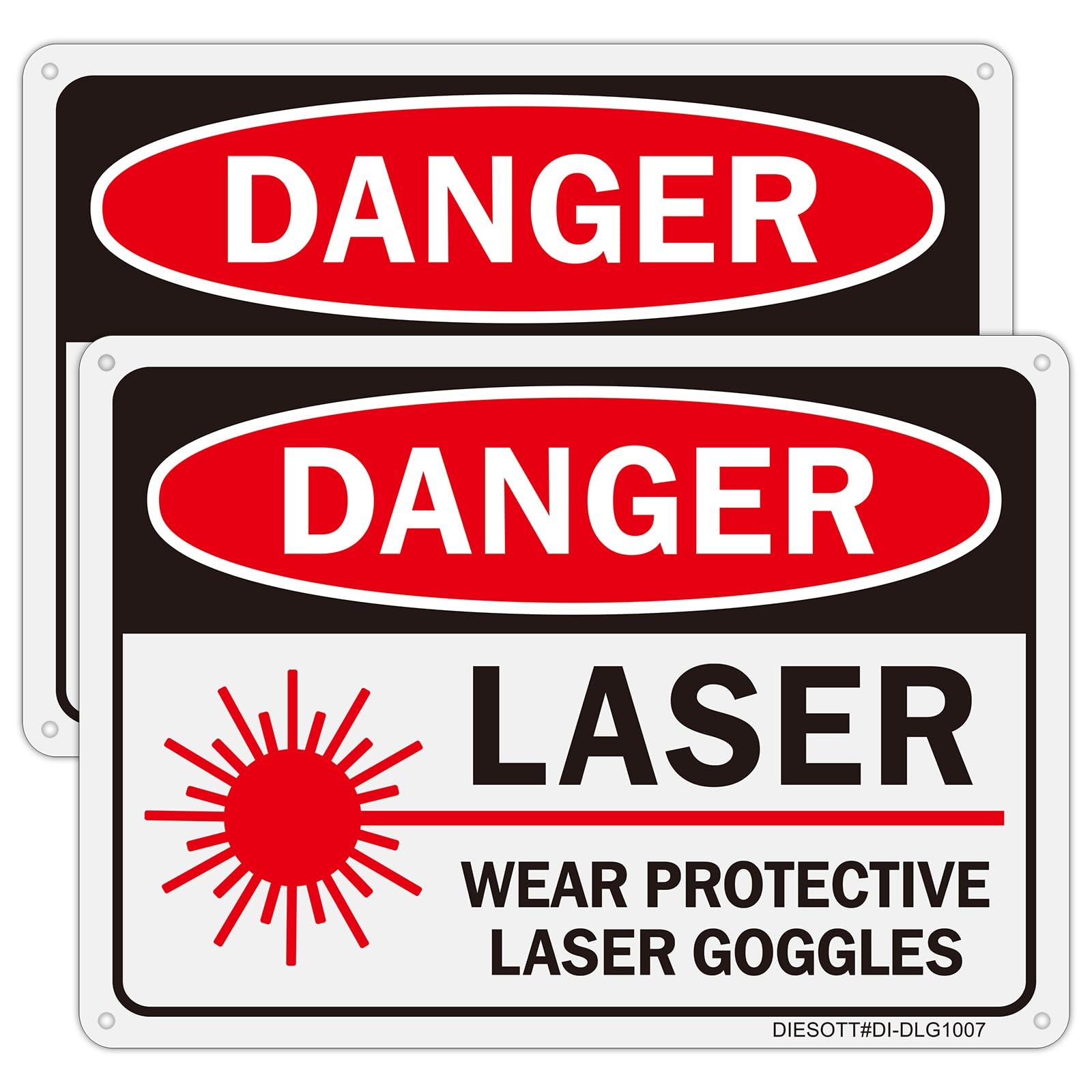 Danger Laser Wear Protective Goggles Signs Aluminum Easy Mount 10×7 In 2 PCS