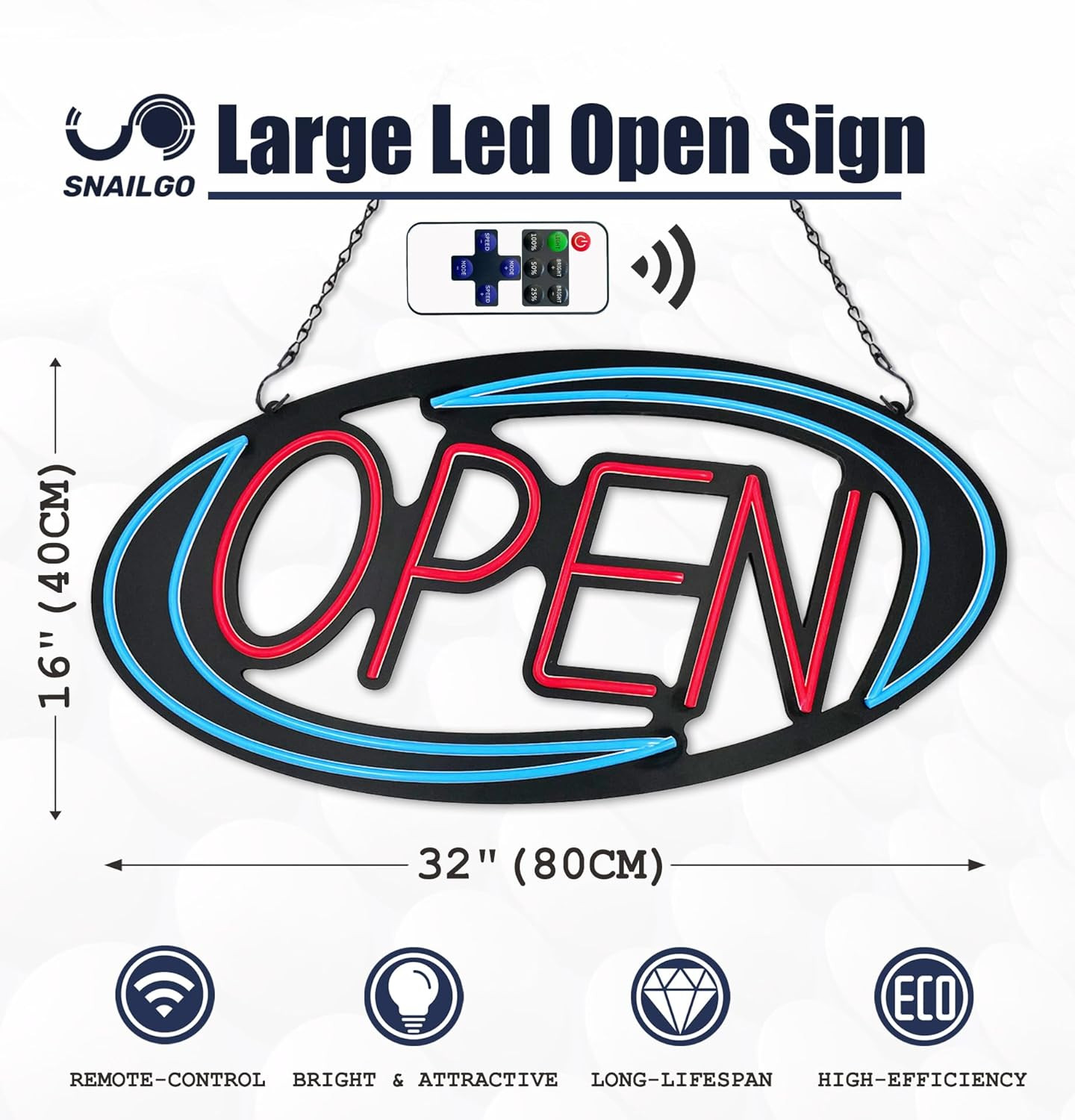 Bright LED Open Sign for Business – 32×16 Inch with Remote Control & Flashing
