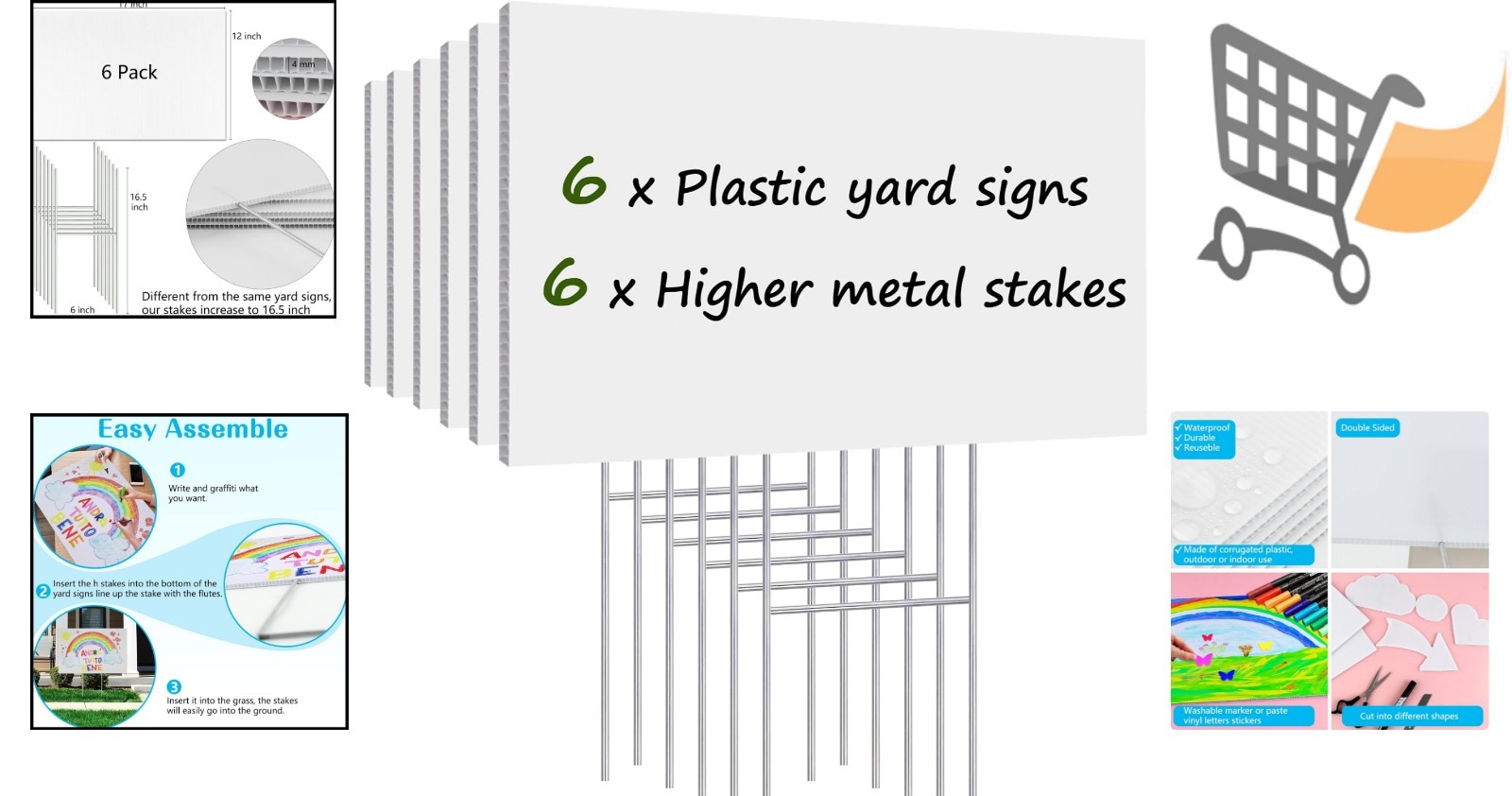 Blank Yard Signs with Stakes 6 Pack Outdoor Corrugated Plastic 17×12 Inches
