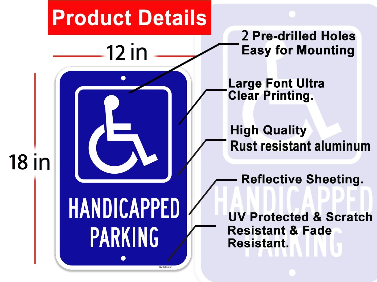 Handicap Parking Signs x 2 Pack, 12″ x 18″, Reflective Aluminum, Waterproof.