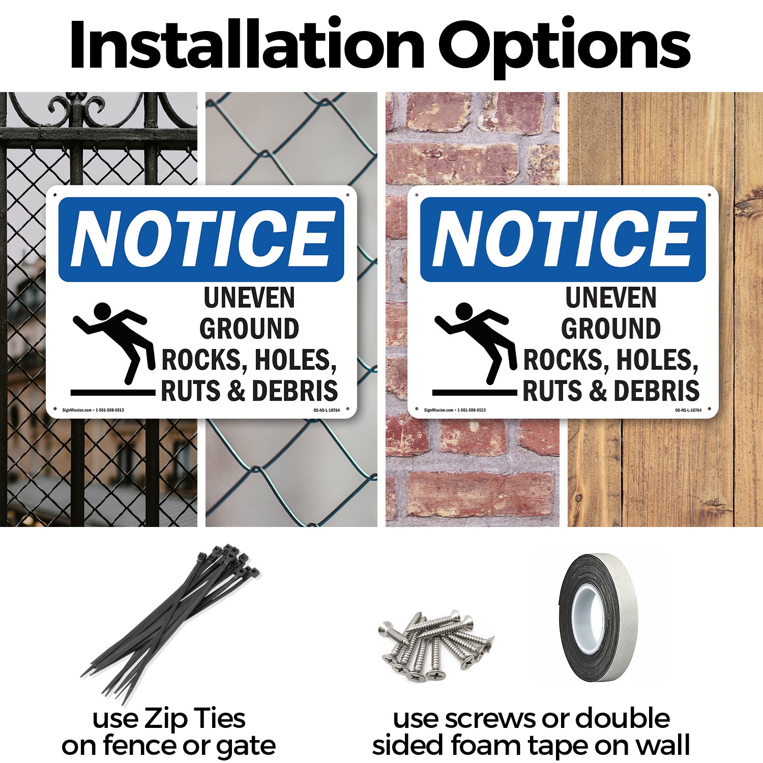 Uneven Ground Rocks Holes OSHA Notice Sign Metal Plastic Or Decal – 5 or 10 Pack