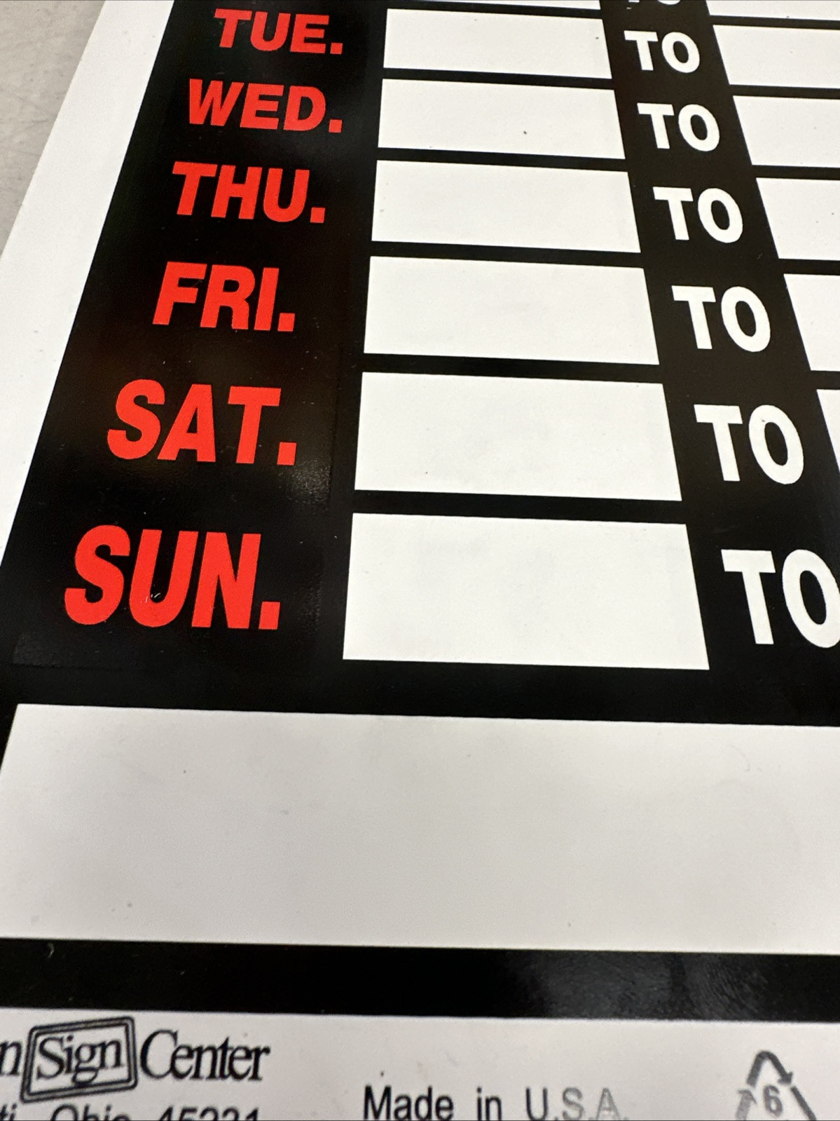 BUSINESS HOURS Window Sign Days of Week 8″x12″ Hillman 839888 {50}