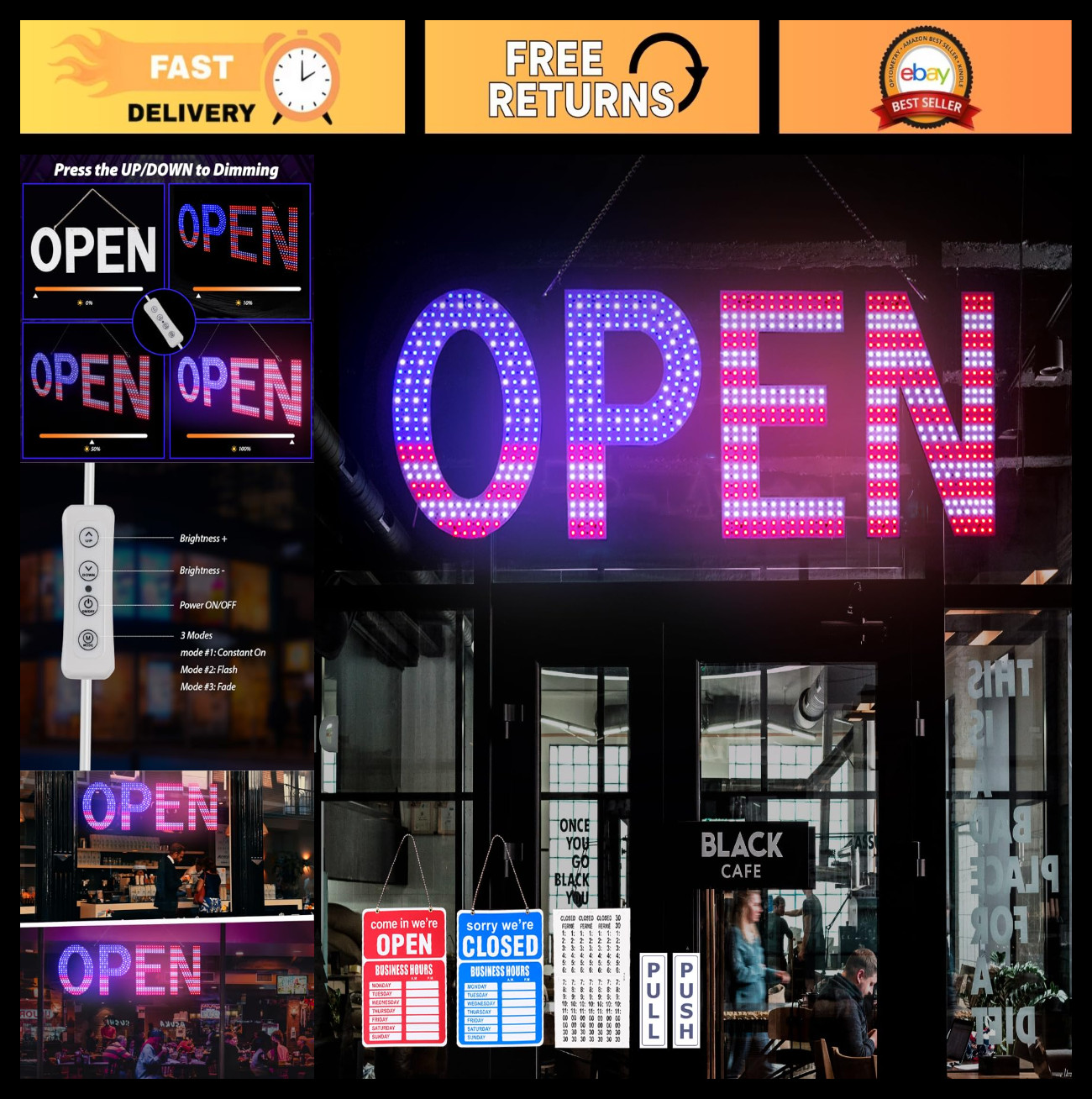 Large LED Open Sign for Business – 40″x14″ Ultra Bright Light, 3 Modes, US Flag