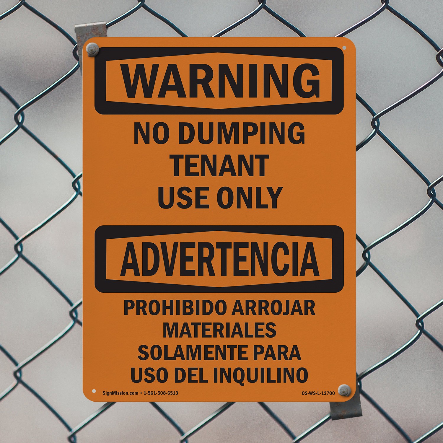No Dumping Tenant Use Only Bilingual OSHA WARNING Sign Or Decal – 5 or 10 Pack