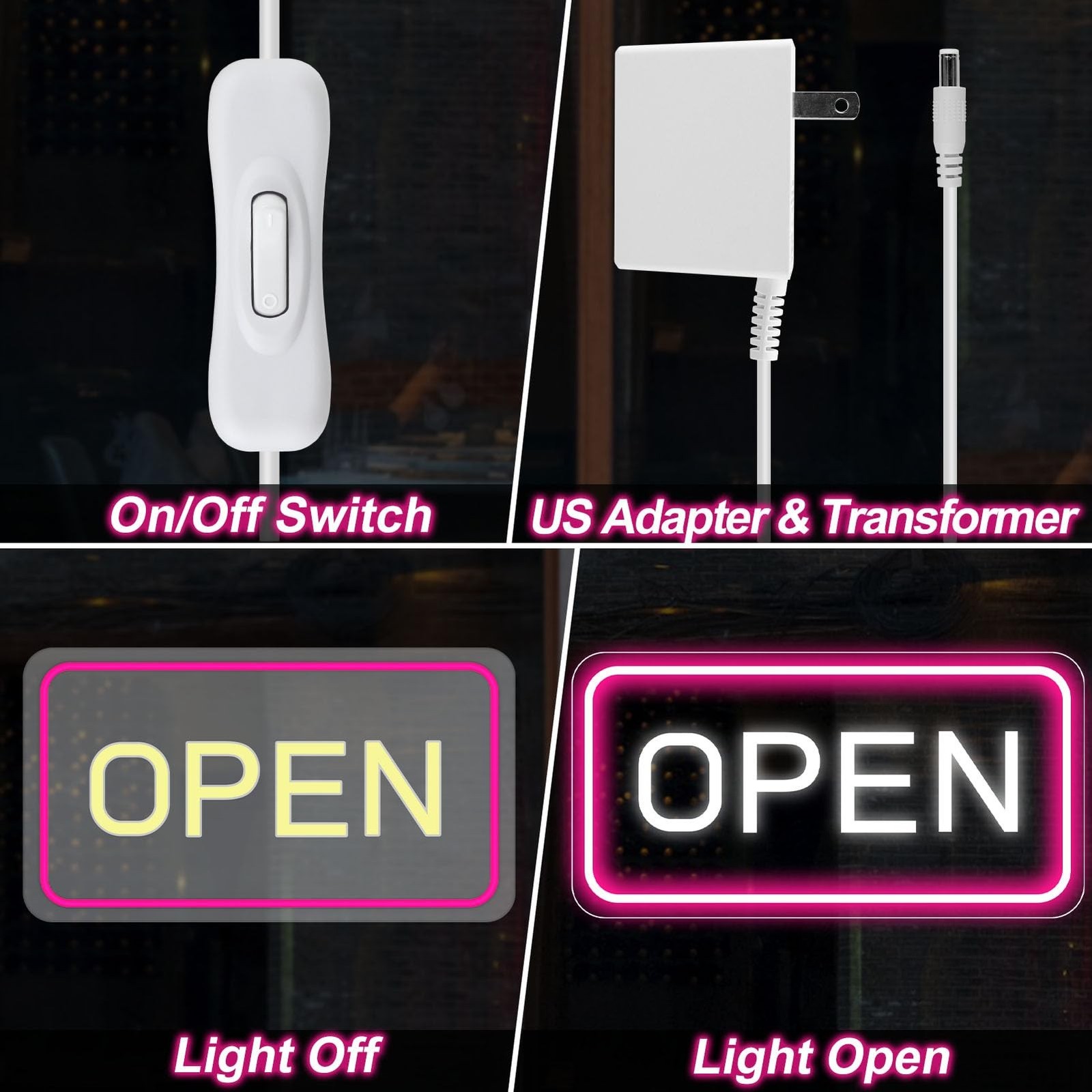 Neon Open Sign – 16”x 9” LED Sign, Super Bright Pink & White Neon Light, ON…