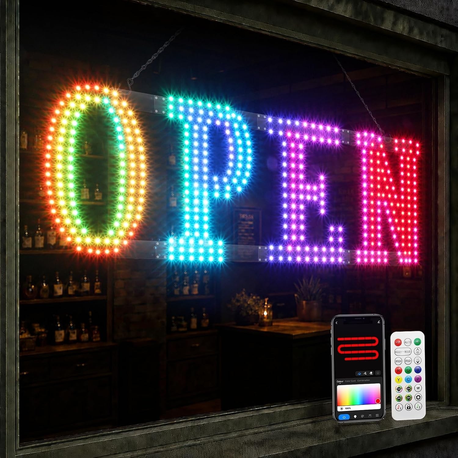 48″ x 16″ Large LED Business Sign with Smart App Remote Control and Timer