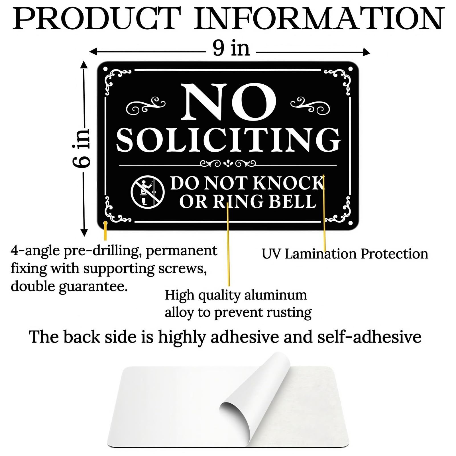2 Pack No Soliciting Sign for Front Door,9 X 6 Inches Self-Adhesive No Solicitin