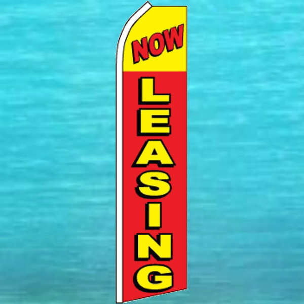 NOW LEASING FLUTTER FLAG Tall Curved Real Estate Advertising Sign Swooper Banner