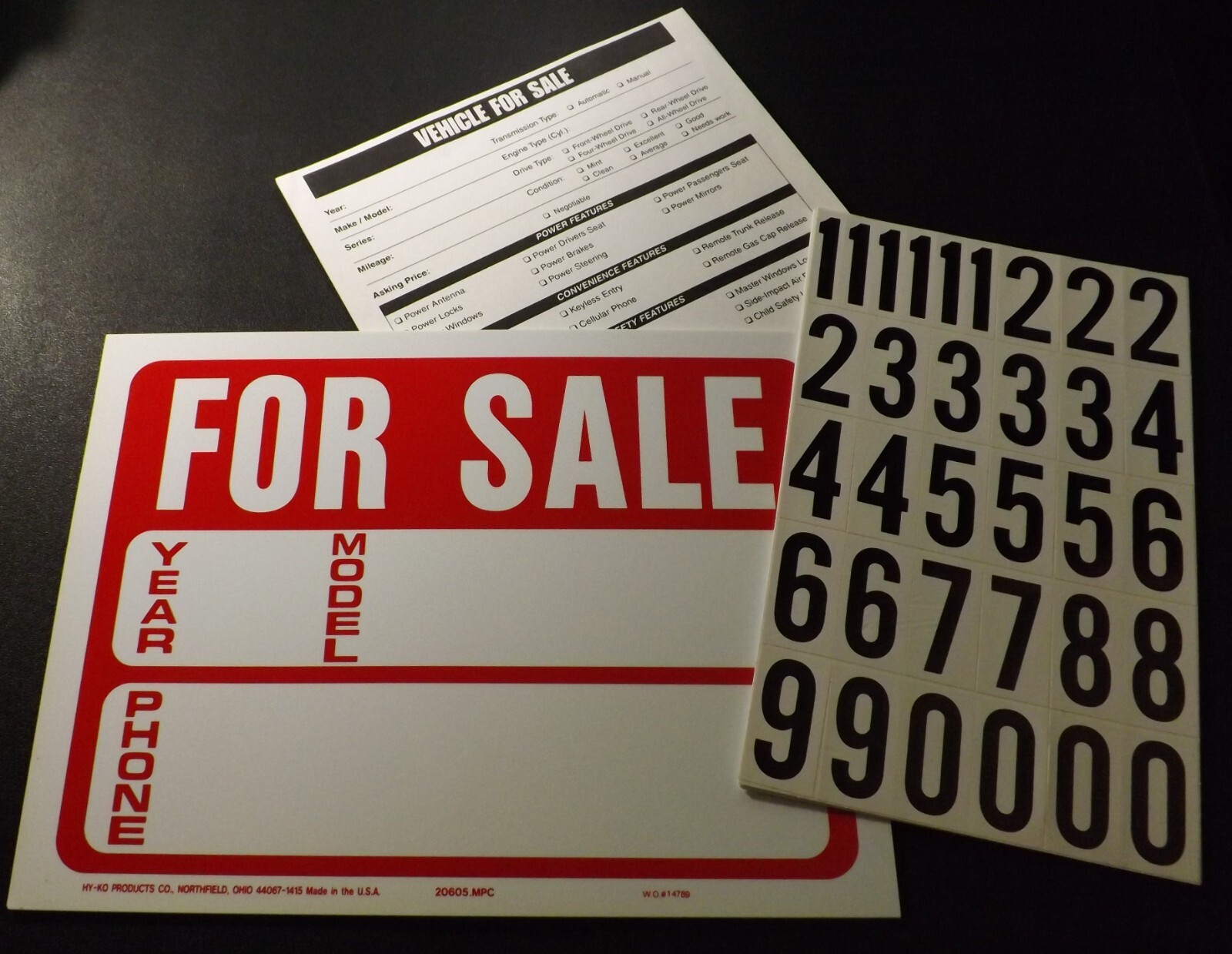 HY-KO For Sale Sign Car Vehicles Auto Sales 9X12, Letters, #’s, Info Sheet Qty 6