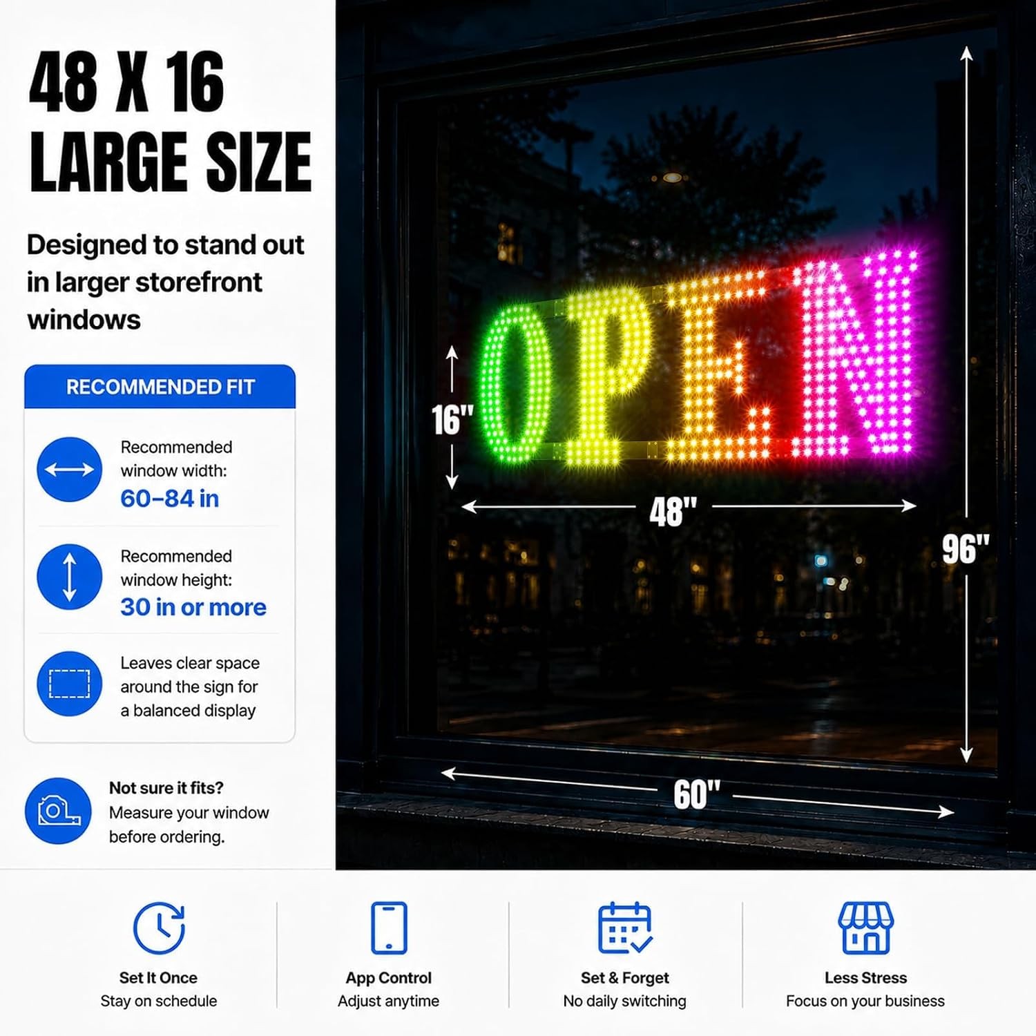 48″ x 16″ Large LED Business Sign with Smart App Remote Control and Timer