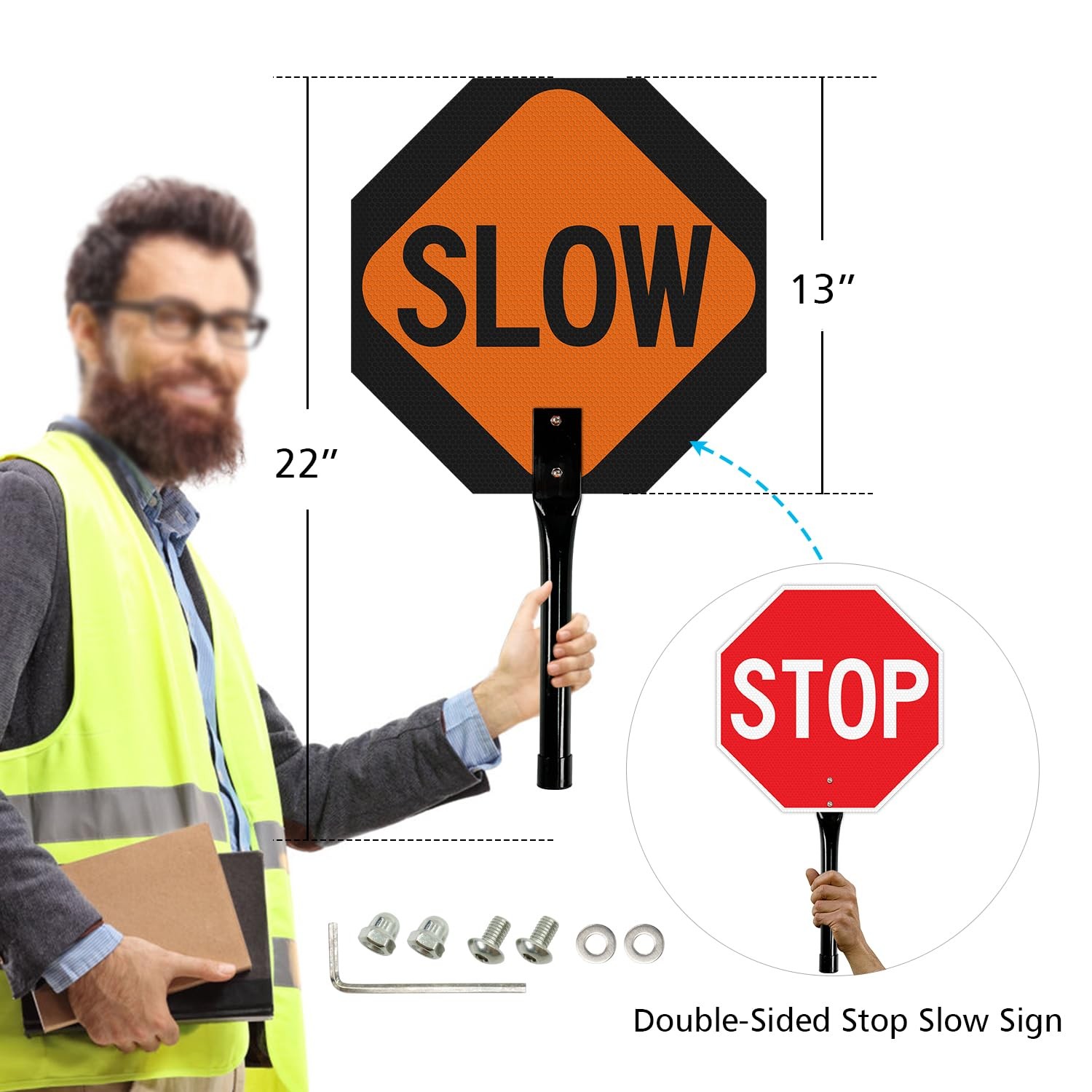 13×13 inch Stop Slow Paddle Sign with Handle Double Sided Reflective Aluminum
