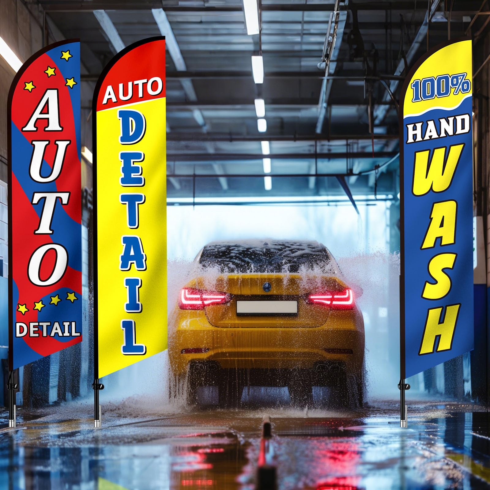 3 Pack Car Wash Sign Feather Flag 12 x 2.5 ft Auto Detail Hand Wash Windless …