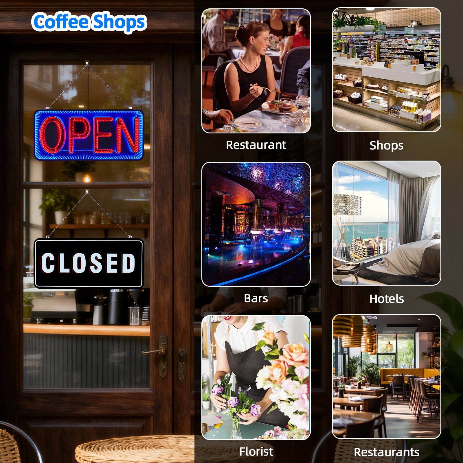 Double-Sided 3D Mirror Neon LED Open & Close Light Flash Business Ad Sign Board