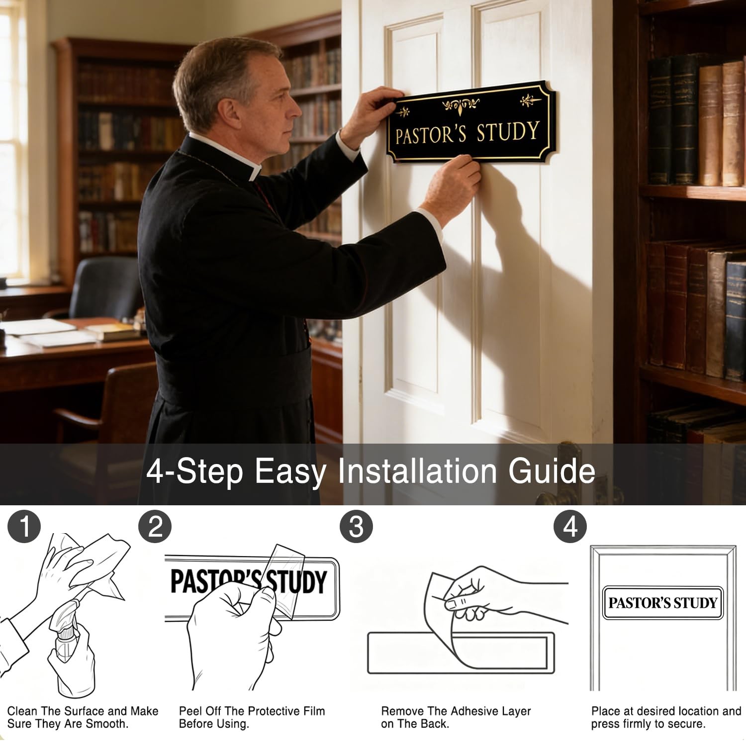 Pastor’s Study Sign Door Black Gold Acrylic Plaque 12.5×4.45 Inch Decor