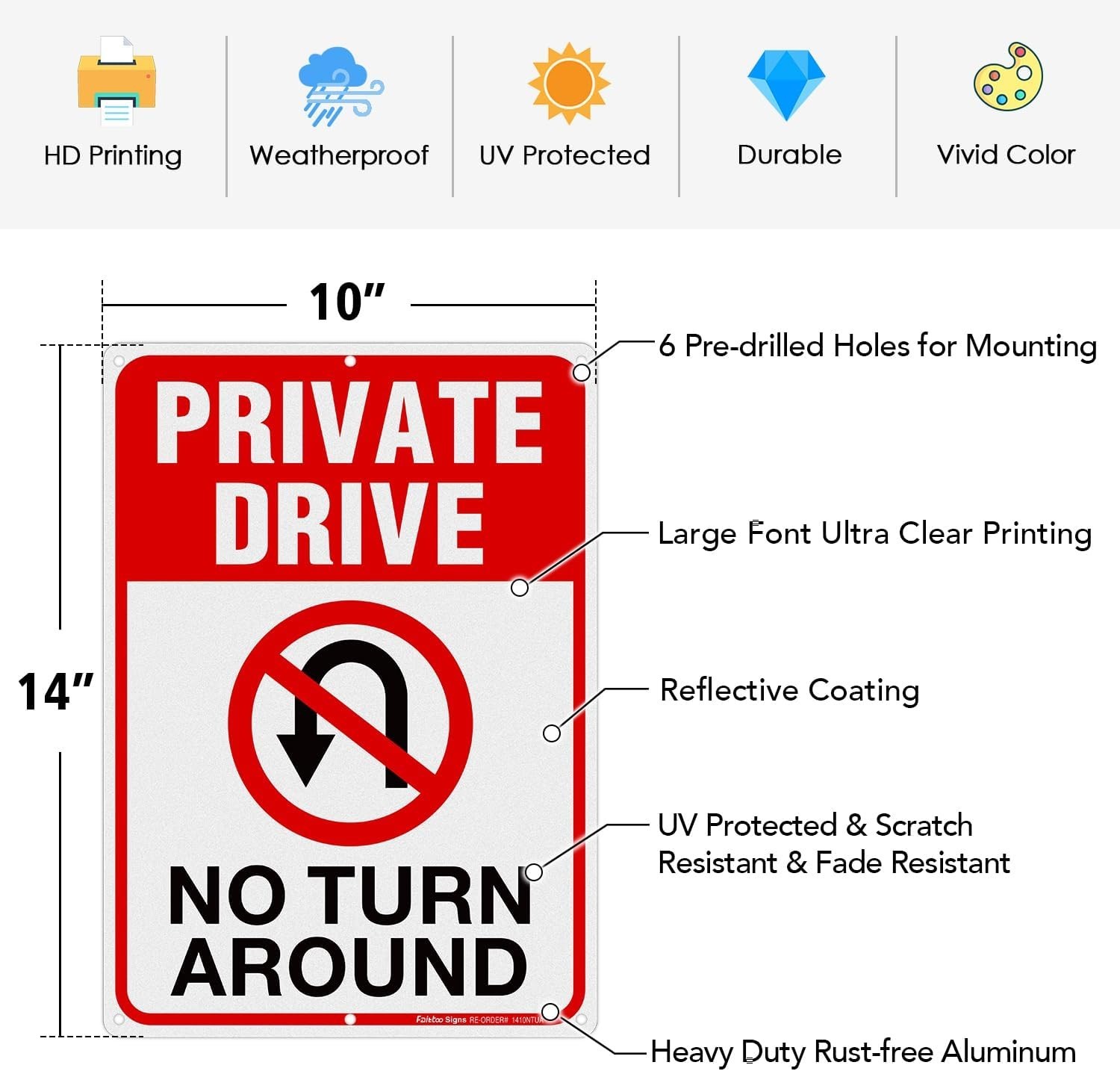 Driveway Sign No Turn Around Reflective Aluminum Outdoor Indoor 14×10 In 2 Pack