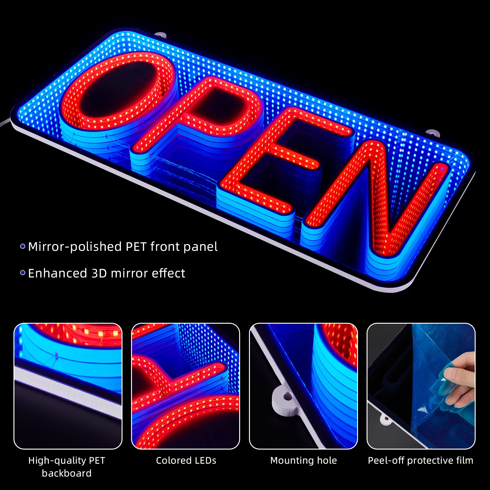 Double-Sided 3D Mirror Neon LED Open & Close Light Flash Business Ad Sign Board