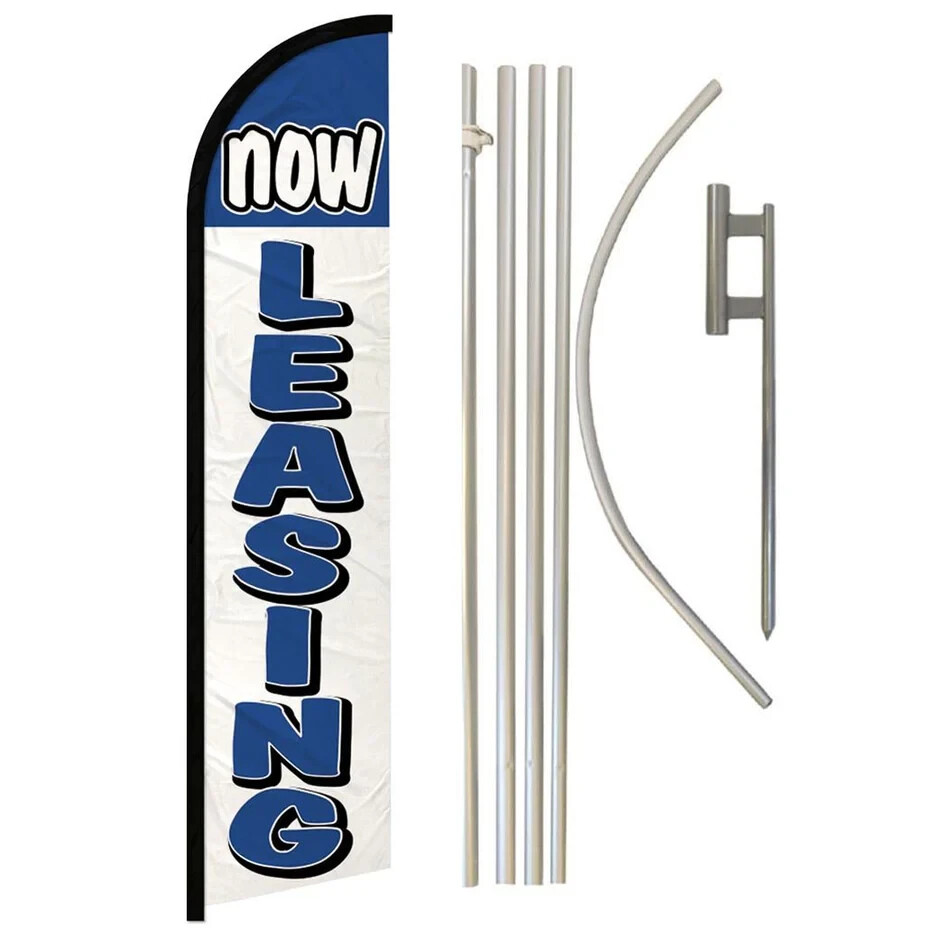 Now Leasing (BL/WH) Windless Full Curve Advertising Banner Flag & Pole Kit