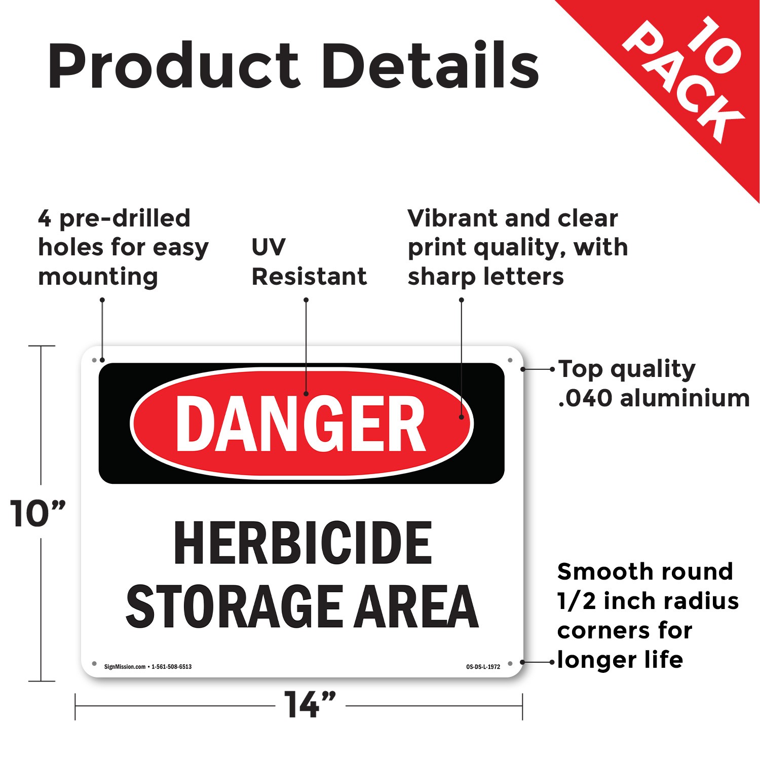 Herbicide Storage Area OSHA Danger Sign Metal, Plastic, Or Decal – 5 or 10 Pack