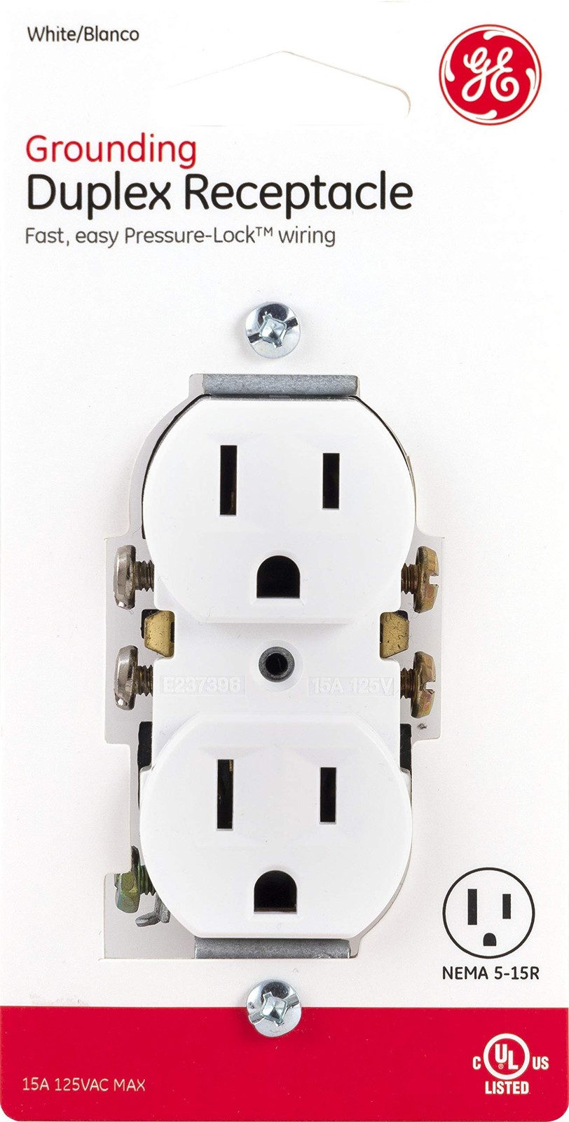 GE Duplex Wall Outlet, 2 Grounded Outlets, White, 1 Pack | Pressure Lock Term…