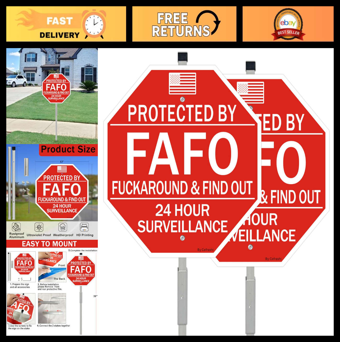 2 Pack Reflective Home Security Signs with 36″ Metal Stakes – Waterproof, UV Pro