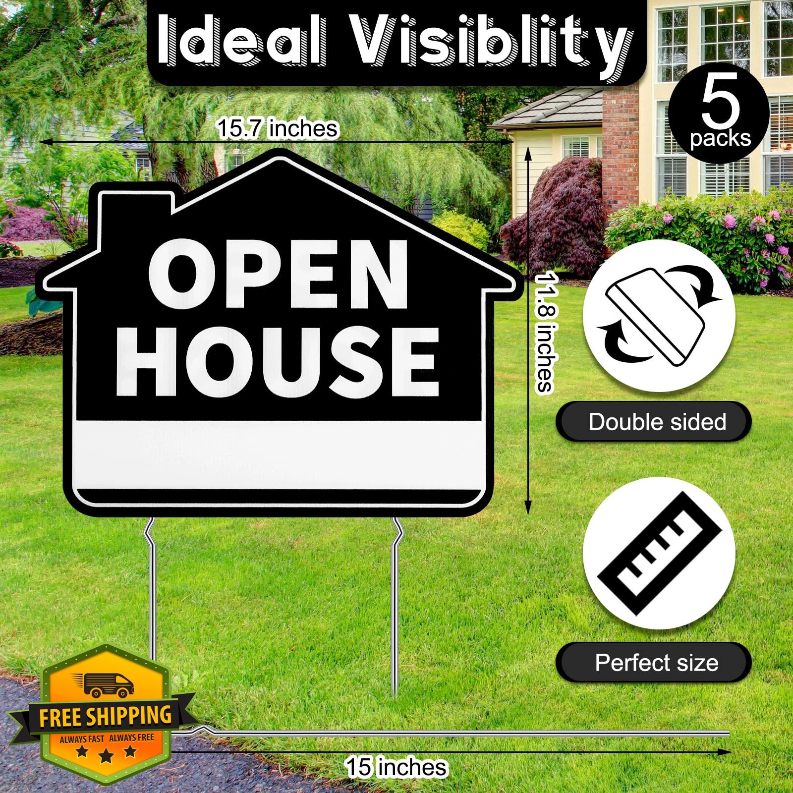 Queekay 5 Pack Black Open House Yard Signs with Metal Stakes for Real Estate …