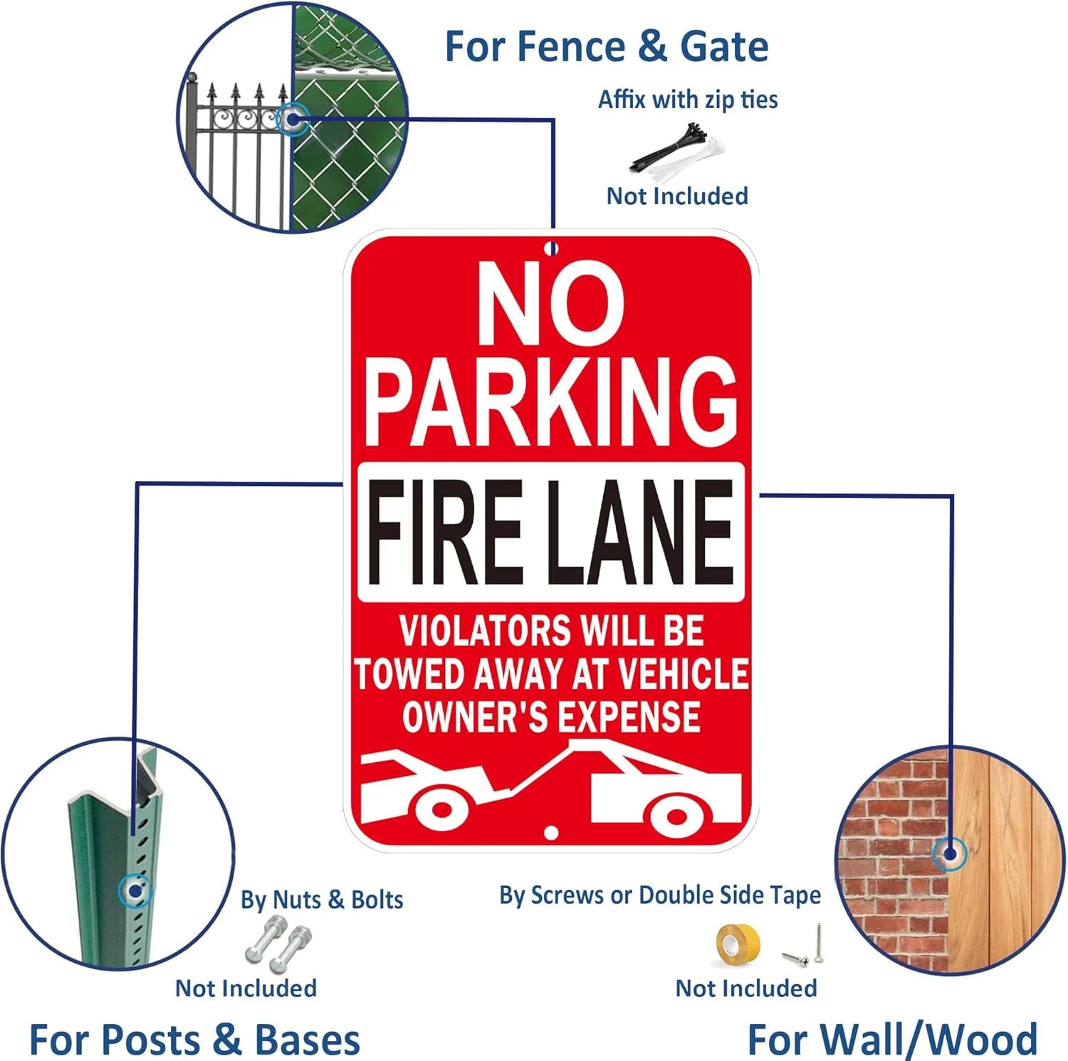 No Parking Fire Lane Signs, Red, Reflective Aluminum, 12 x 18 Inches, Weather Re