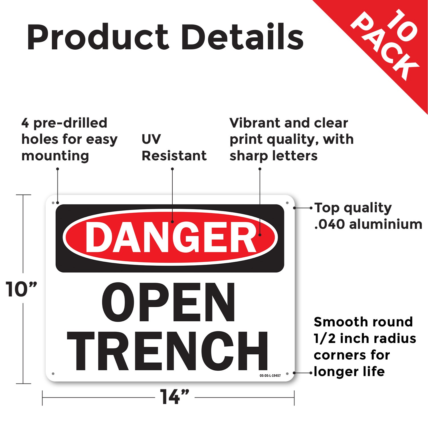 Open Trench OSHA Danger Sign Metal, Plastic, Or Decal – 5 or 10 Pack