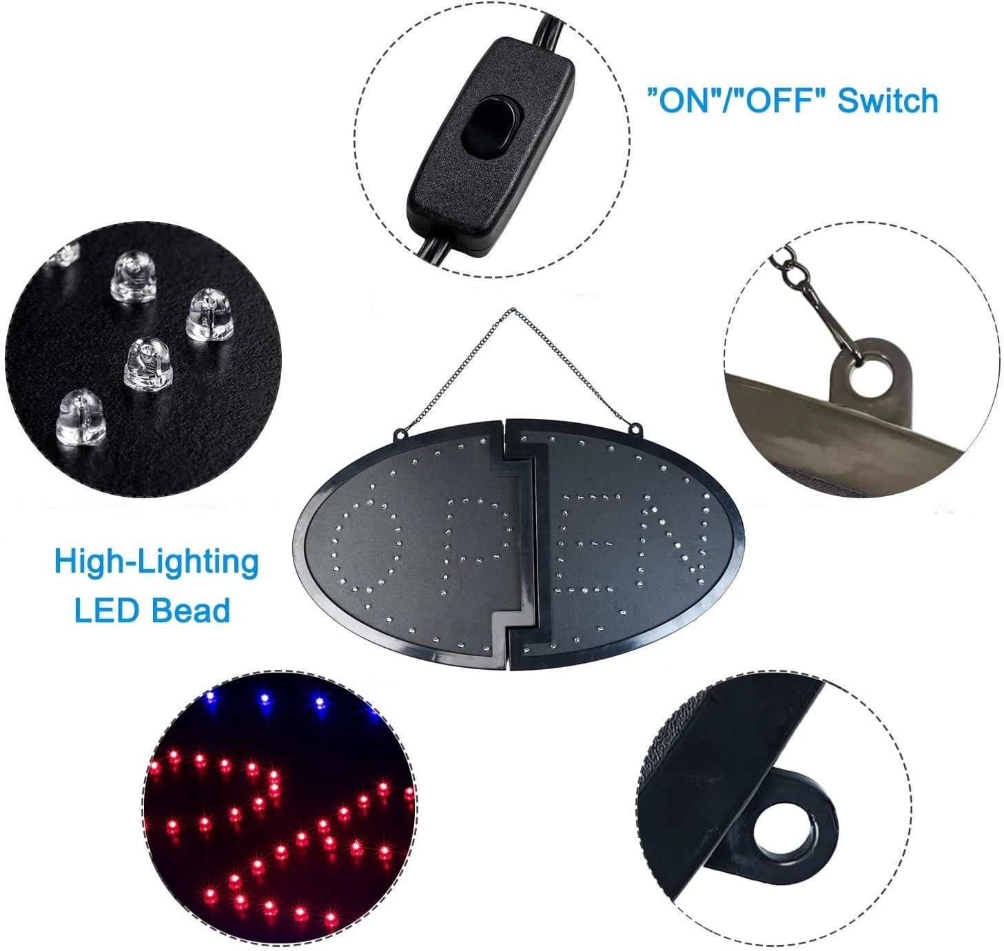 Wall-Mounted 19″x10″ LED Open Sign with Stainless Steel Chain for Easy Setup
