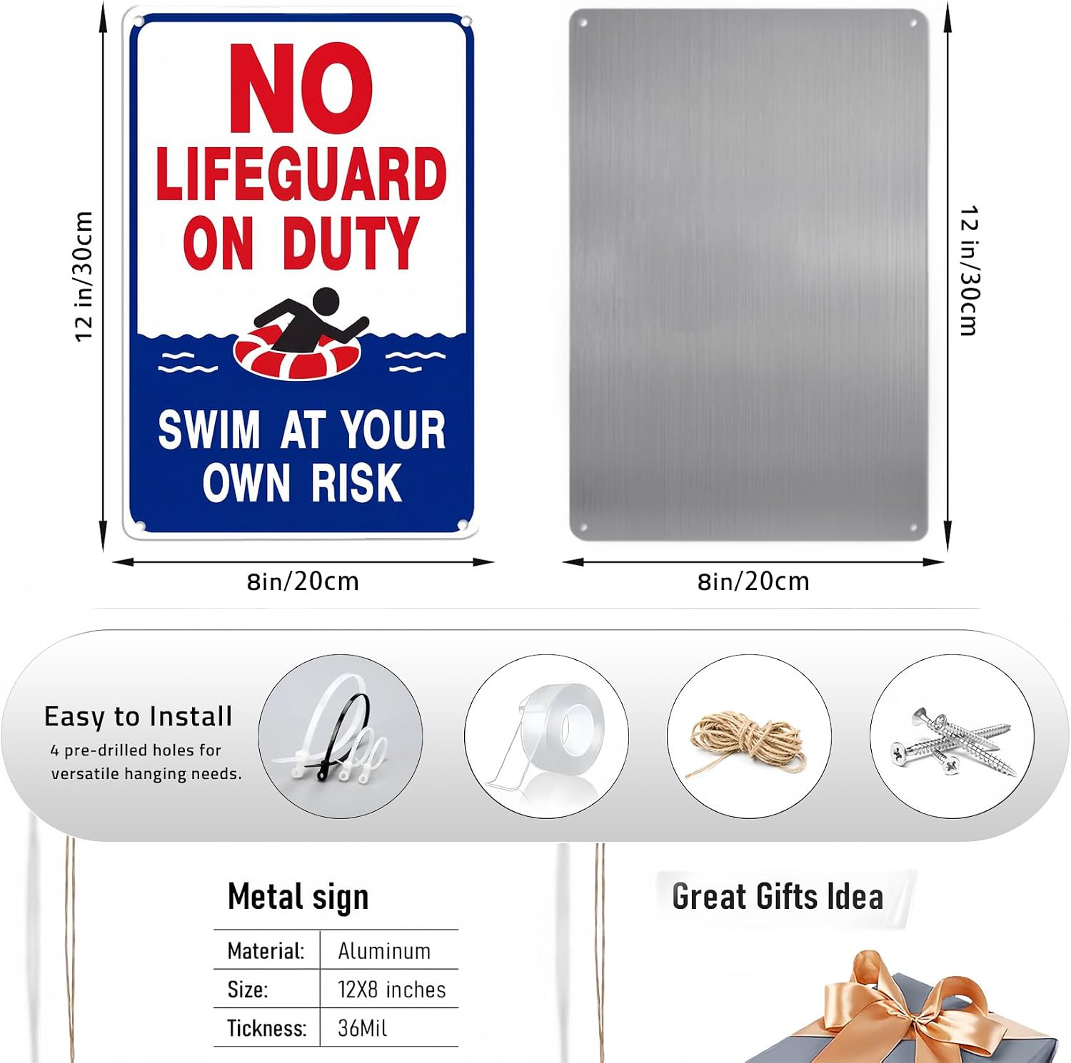 8X12 Aluminum “No Lifeguard on Duty” Sign – Swim at Your Own Risk Safety Warning