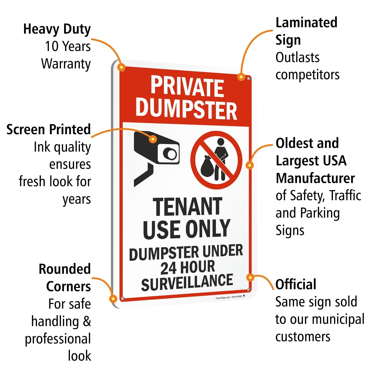 12×18 Inch Private Dumpster Tenant Use Only 24 Hour Surveillance Sign Aluminum