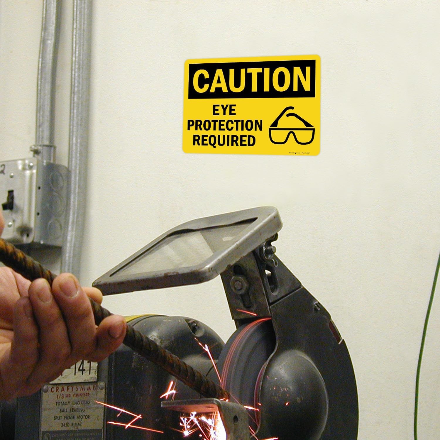 Adhesive Vinyl OSHA Safety Sign, Legend “Caution: Eye Protection Required”