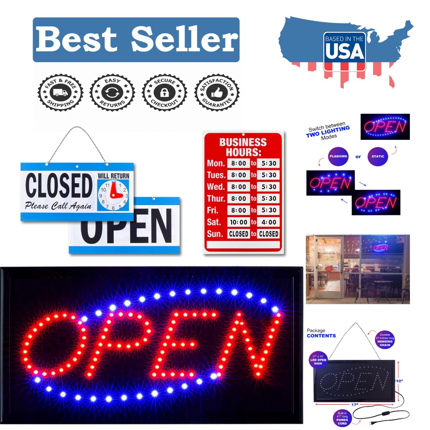 LED Neon Open Sign for Businesses – Includes Business Hours and Closed Signs