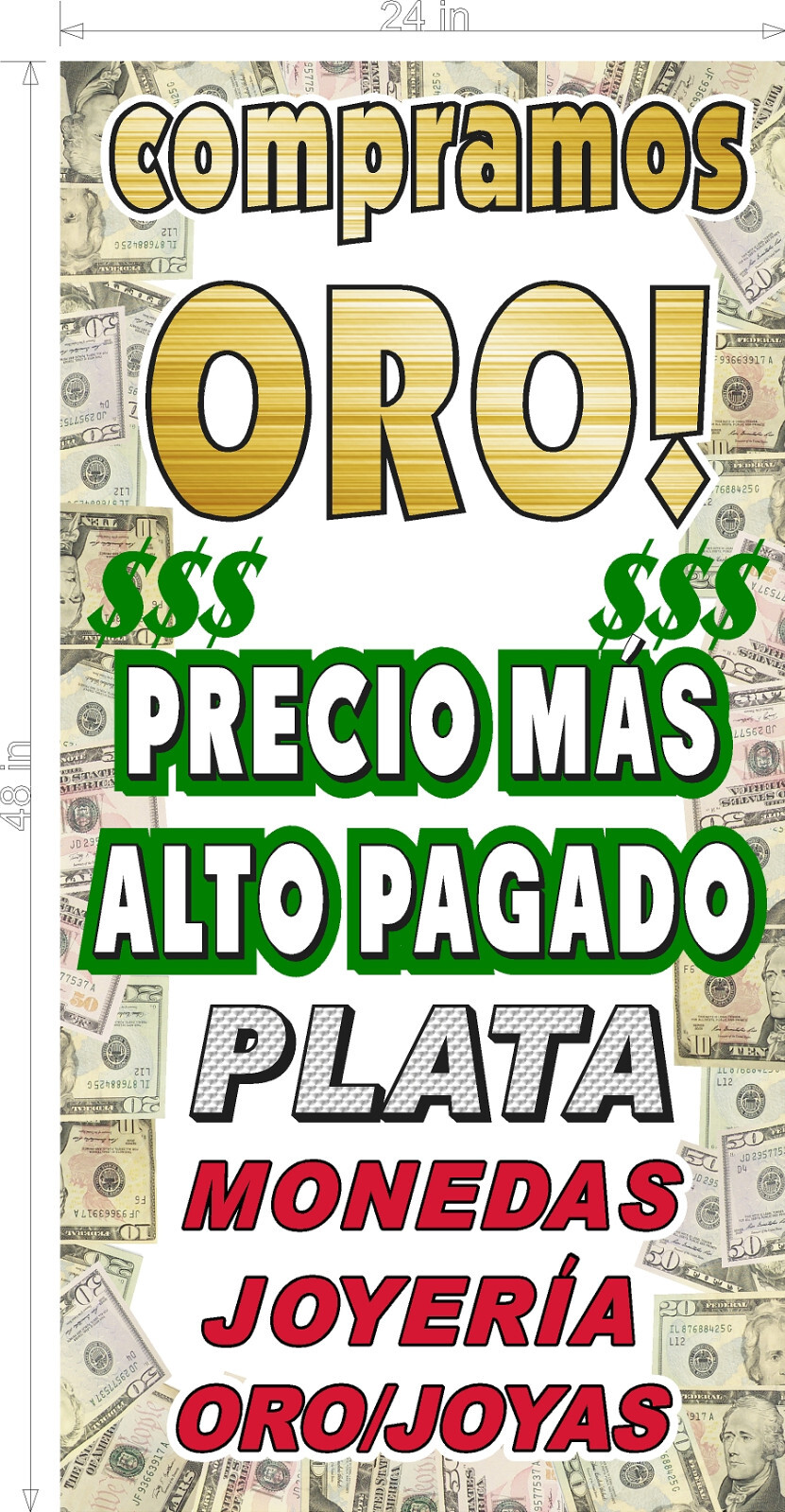 NEW PERFORATED WINDOW VINYL DECAL WE BUY GOLD IN SPANISH TEXT 2′ X 4′ VERTICAL